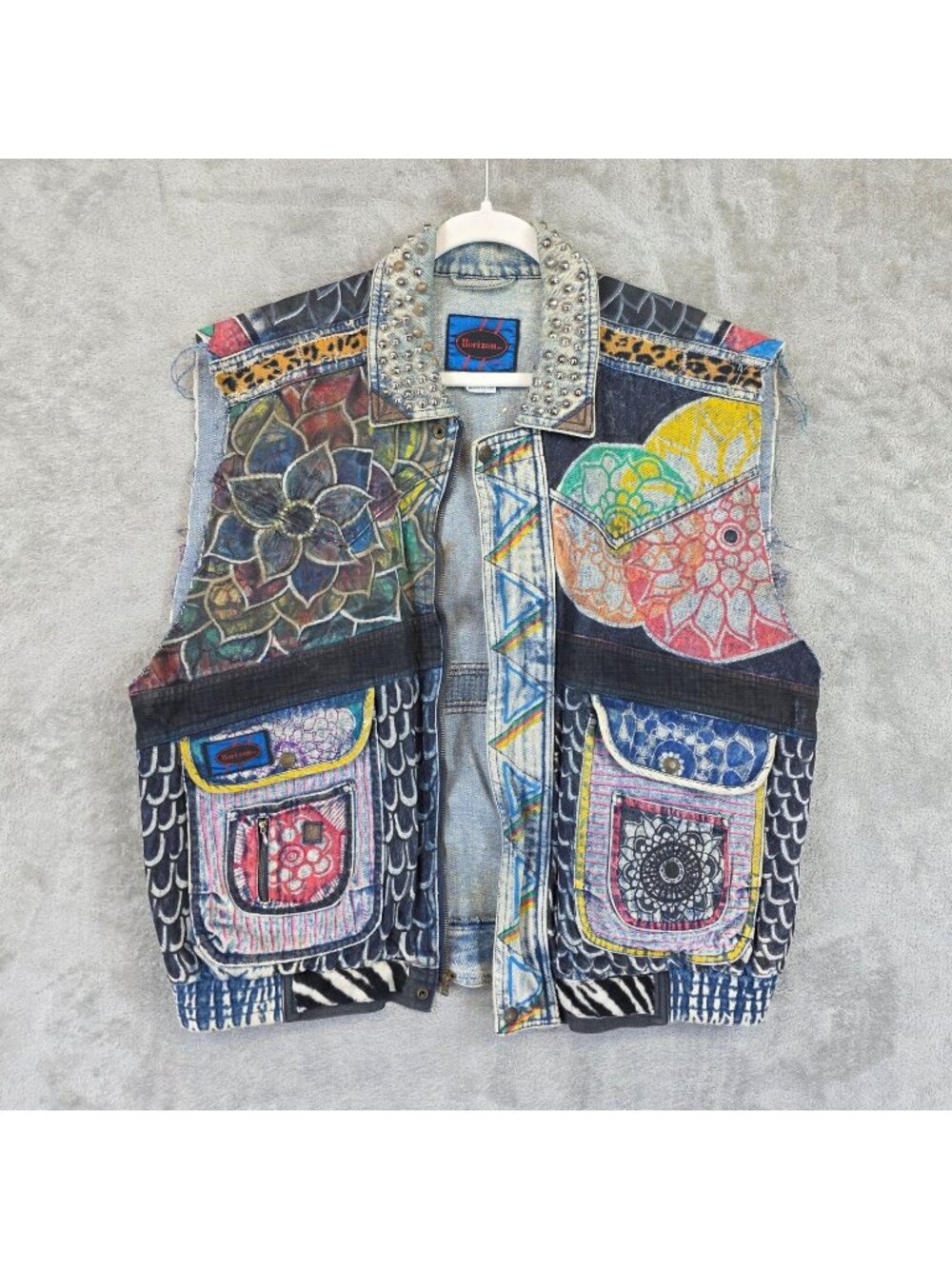 Vintage Horizon Vest Mens M Multicolor Denim Hand Painted Studded Biker Floral